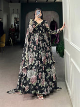 Black Color Floral Print With Lace Border Marbel Gown